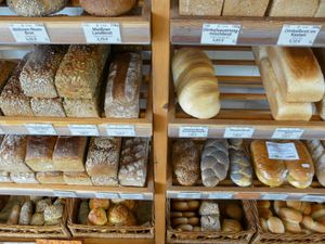 Large selection of different breads, rolls, and pastries from several regional and local organic bakeries.  at VG Biomarkt Neustadt in Dresden
