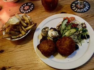 Lentil-potato-cookies with zucchini rolls  at De VerbroederIJ in Amsterdam
