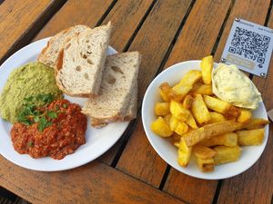 Bread with dips + fries at De VerbroederIJ in Amsterdam
