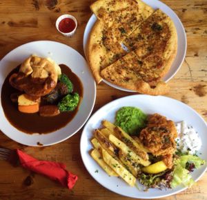 ham and leek pie, tofu-ish and chips and a side of garlic bread at The Railway Hotel in Southend-on-sea