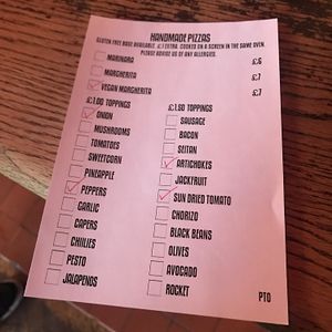 pizza bar order form at The Railway Hotel in Southend-on-sea