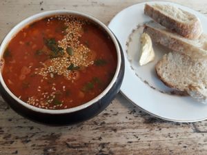 Spiced lentil soup with sourdough bread at Blue Brick Cafe in South East London