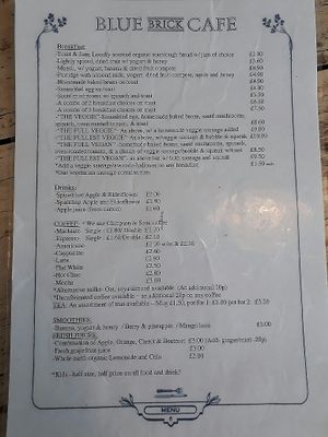 Menu at Blue Brick Cafe in South East London