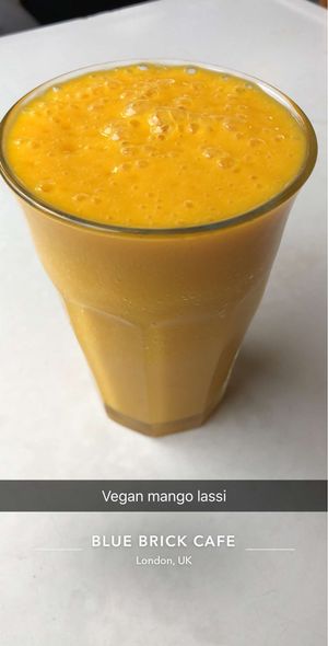 Vegan mango lassi  at Blue Brick Cafe in South East London