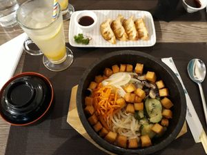 Dol Sot Bibimbab with a lot of extra tofu, vegetable gyoza and miso soup at Yorokobi by CJ in Aberdeen