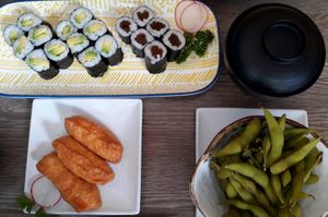 Avocado and squash Maki, Inari nigiri, miso soup and edamame beans at Yorokobi by CJ in Aberdeen