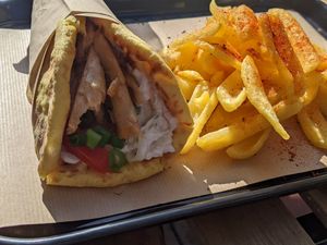 Chicken Pita Classic with Corn bread & fries separate at 269 Fast Vegan Food in Crete