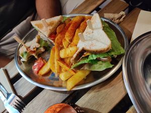 Club Sandwich with "bacon" and smoky "cheese" at 269 Fast Vegan Food in Crete