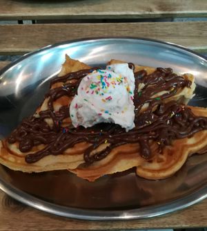 Waffle with chocolate and yogurt ice cream at 269 Fast Vegan Food in Crete