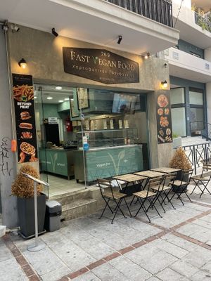 Deli counter and outdoor seating in a cute part of Heraklion  at 269 Fast Vegan Food in Crete