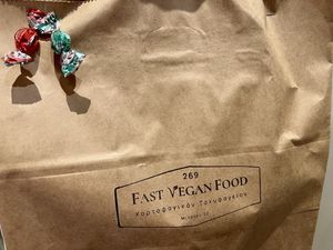 Takeout/takeaway bag with free hard candy  at 269 Fast Vegan Food in Crete