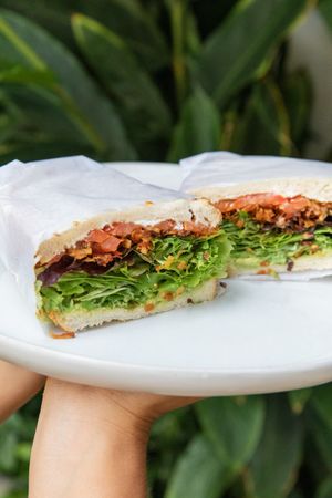 The world famous B.L.A.T. Sandwich at Plant Based Paradise Kailua in Kailua