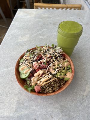 Spicy beet poke bowl + green smoothie.  at Plant Based Paradise Kailua in Kailua