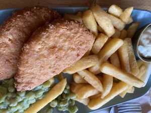 Fishless fish and chips  at VK Plant Based Diner in Waterlooville