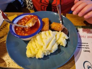 Kids meal - fish less fingers, mash and beans at VK Plant Based Diner in Waterlooville
