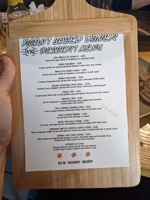 Dessert menu at VK Plant Based Diner in Waterlooville