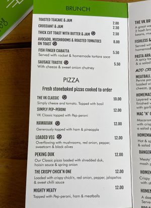 Standard menu - Brunch & Pizza options at VK Plant Based Diner in Waterlooville