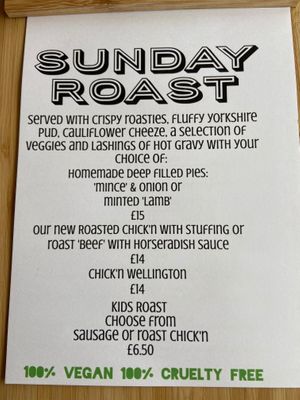 Sunday Roast menu at VK Plant Based Diner in Waterlooville
