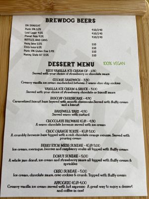 Dessert menu & BrewDog beer tap list at VK Plant Based Diner in Waterlooville