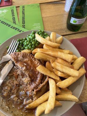 Vegan minted lamb pie with chips, peas and gravy  at VK Plant Based Diner in Waterlooville