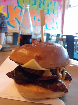 breakfast bap- £7 full of awesome, bacun, sausage, black pud (which was lovely) 2 types of cheese and hash brown! at VK Plant Based Diner in Waterlooville