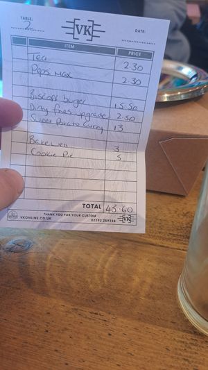 Our bill at VK Plant Based Diner in Waterlooville