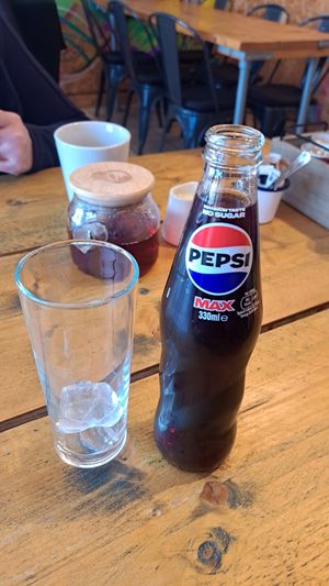 Pepsi Max (And Mum's breakfast tea in the background) at VK Plant Based Diner in Waterlooville