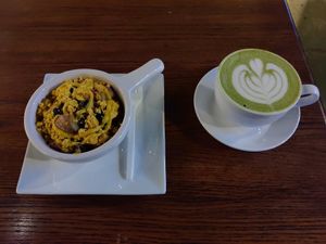 Tofu scramble (with potatoes and black beans) and a matcha latte at Flying Apron Bakery - Fremont Ave in Seattle