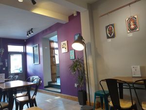 Nice internal decor, art for sale at Divine Coffee House in Nottingham