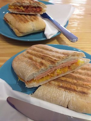 "Ham" and "cheese" toastie and smoky "bacon" and bbq bean toastie at Divine Coffee House in Nottingham
