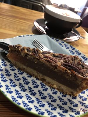 Maple pecan pie and oat cappuccino   at Divine Coffee House in Nottingham