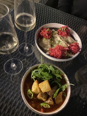 Potato dumplings with red cabbage (unreal) & tomato aubergine stew with roasted potatoes   at Lendav Maaler in Tallinn
