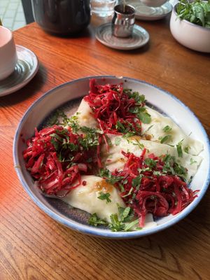 Potato dumplings with amazing red cabbage saladd  at Lendav Maaler in Tallinn