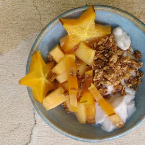 A 100% vegan breakfast pudding made with local fruit.   at Casa Misterio in Merida