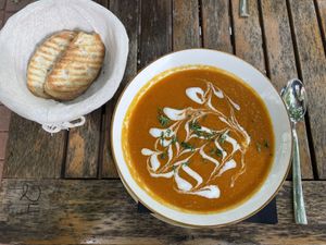 Vegan soup of the day: lentils and coconut cream  at Listich in Hannover