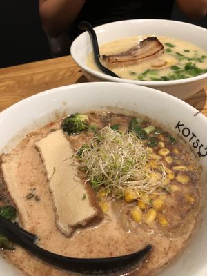 Vegan Kotsu Kick with noodles, brussel sprouts, corn, sprouts, etc (front) and my friend’s omni ramen with chicken (back)  at Kotsu Ramen & Gyoza in Montclair