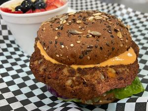 Veggie burger and açaí bowl  at The Squeeze Juice Bar and Vegan Eatery in Vicksburg