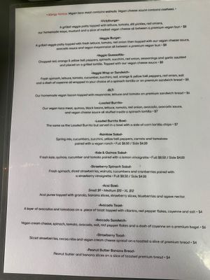 Food menu at The Squeeze Juice Bar and Vegan Eatery in Vicksburg