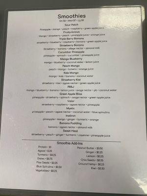 Smoothie menu at The Squeeze Juice Bar and Vegan Eatery in Vicksburg