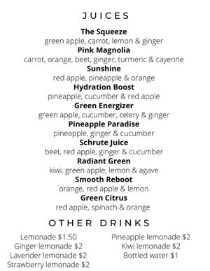 Juice menu   at The Squeeze Juice Bar and Vegan Eatery in Vicksburg