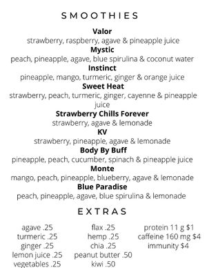Smoothie menu   at The Squeeze Juice Bar and Vegan Eatery in Vicksburg