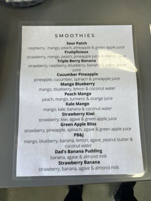Smoothie menu  at The Squeeze Juice Bar and Vegan Eatery in Vicksburg