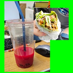 Pink Magnolia Juice and loaded burrito...yummo at The Squeeze Juice Bar and Vegan Eatery in Vicksburg
