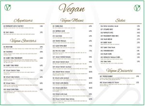 Vegan menu as of May 2023  at Namaste in Wolverhampton
