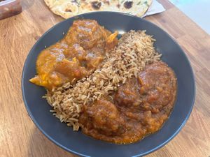 Mushroom rice, vegan lamb bhuna, vegan chicken Balti  at Namaste in Wolverhampton