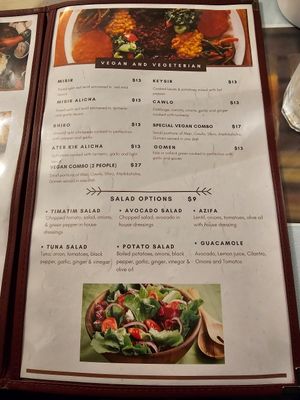 Vegan section on menu at ETHIOERITREA RESTAURANT in Syracuse