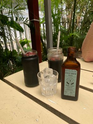 Cold brew coffee and black magic pressed juice (activated charcoal, coconut water and pineapple juice)   at Seed Cafe in Colombo