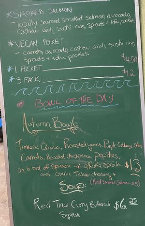 Their menu board (bowl & soup changes daily)  at Grassroots in Port Alberni