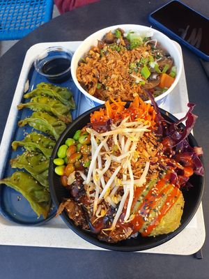 Miso eggplant poke, mushroom katsu udon, and legume gyoza at Island Poké in Grenoble
