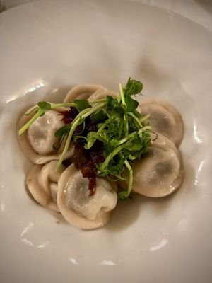 Dumplings filled with mushrooms and onion jam  at Lokys in Vilnius